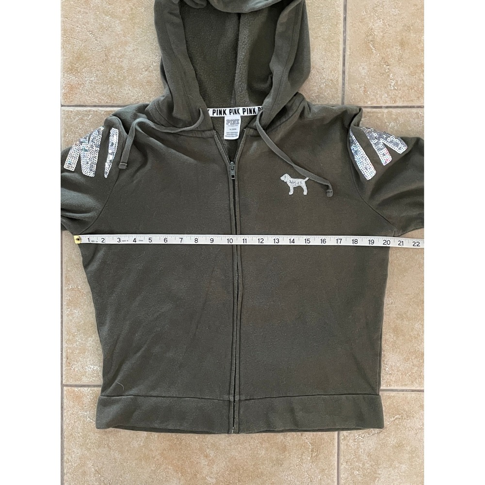 Victoria's Secret PINK Olive Green Sequin Logo Sleeves Full Zip Hoodie Size M - Picture 3 of 8
